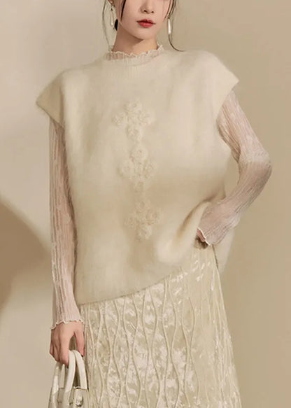 Simple Beige O-neck Cozy Cotton Knit Waistcoat Winter