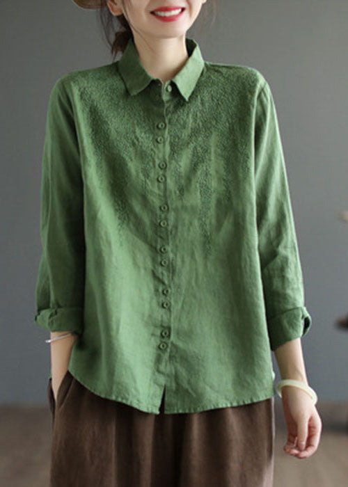 Simple Beige Peter Pan Collar Embroidered Linen Shirts Spring