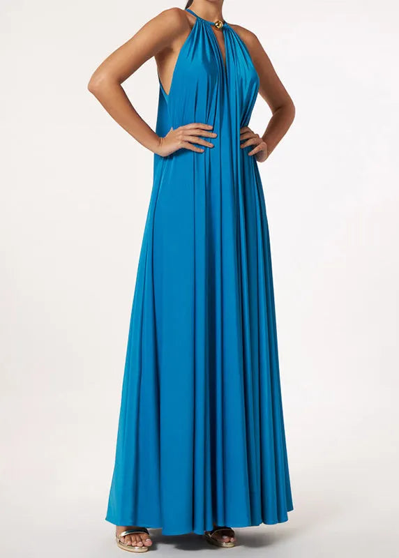 French Yellow Halter Wrinkled Silk Long Dresses Sleeveless