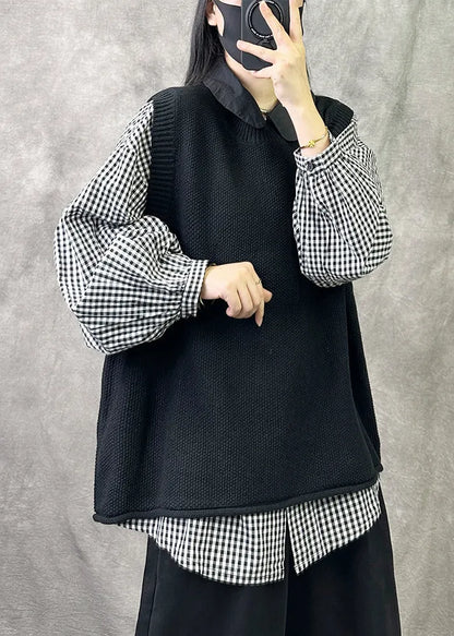 Loose Black O Neck Cozy Knit Waistcoat Sleeveless