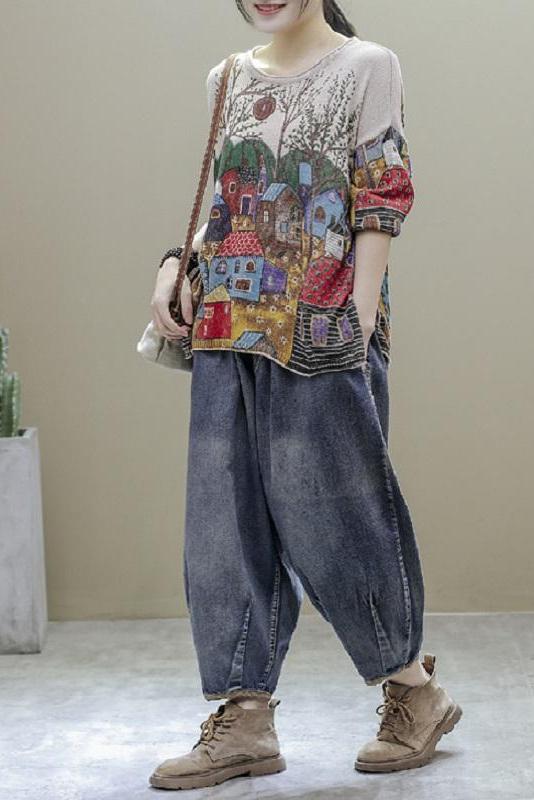 Split Hem Printed Half Sleeve Knitted T-shirt