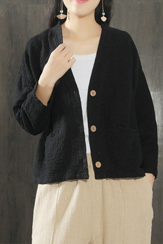 V-neck Cotton & Linen Thin Long-sleeved Jacket