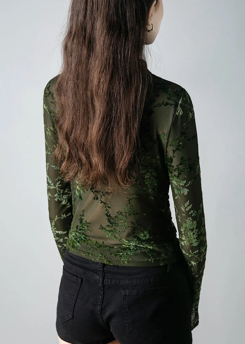 Novelty Black Stand Collar Print Tulle Top Fall