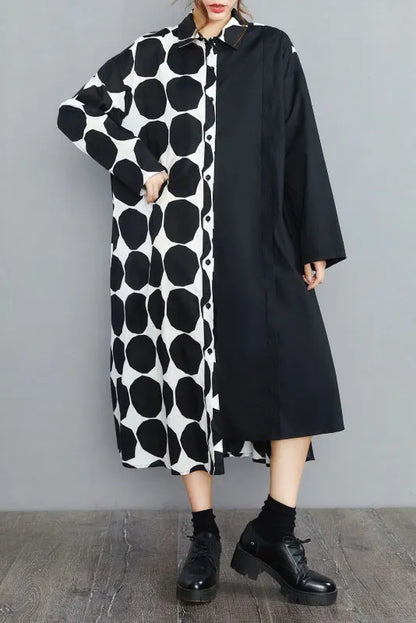 Spring Polka Dot Colorblock Lapel Shirt Dress