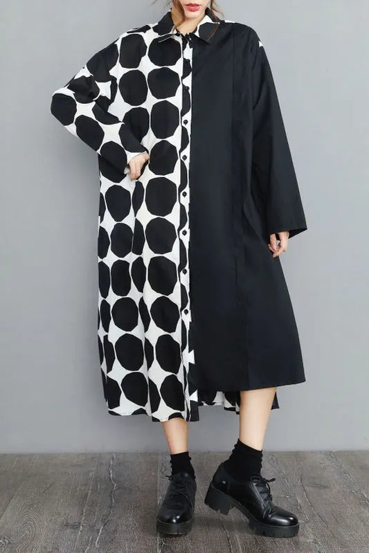 Spring Polka Dot Colorblock Lapel Shirt Dress