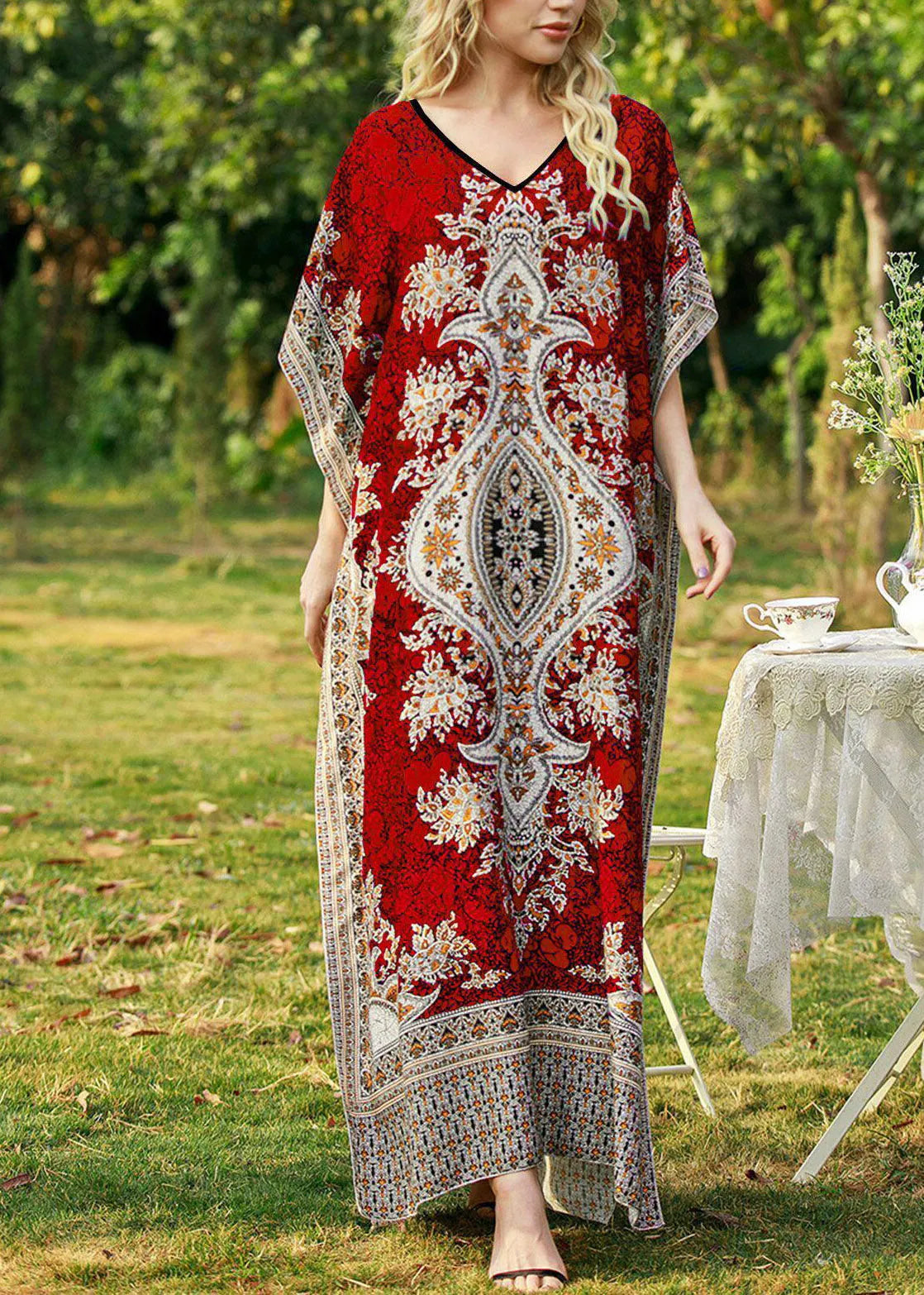 Red Maxi Dress V Neck Print Summer
