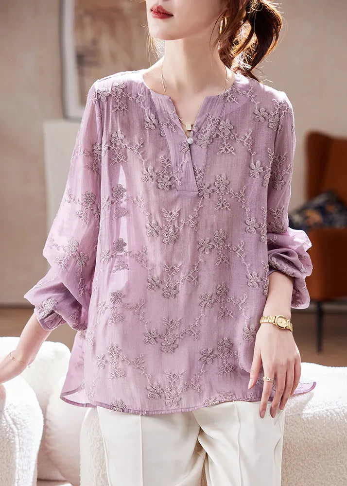 Fitted Purple V Neck Embroidered Chiffon Shirt Spring