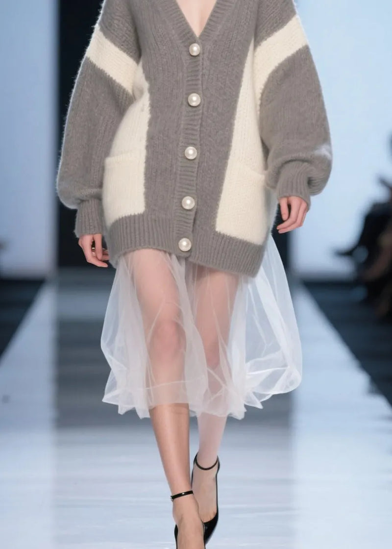 Grey Button Tulle Patchwork Knit Cardigan Fall