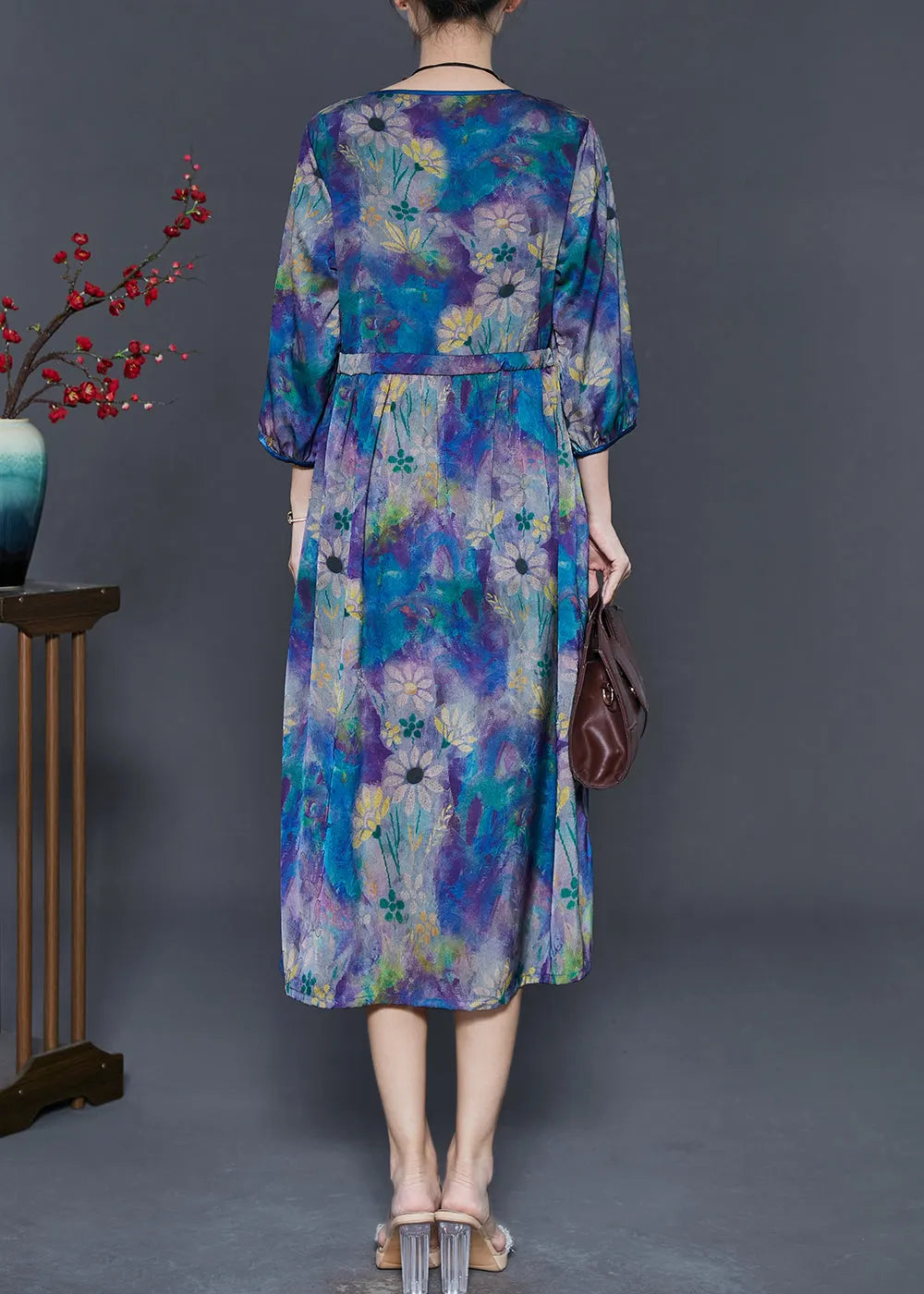 Diy Blue Cinched Print Chiffon Maxi Dresses Bracelet Sleeve