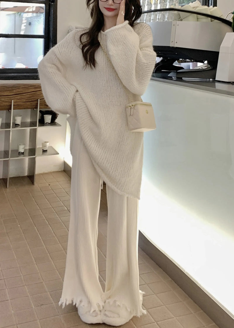 Beige O-neck Thick Cotton Knit Waistcoat Sweaters and Trousers Three Piece Set Winter