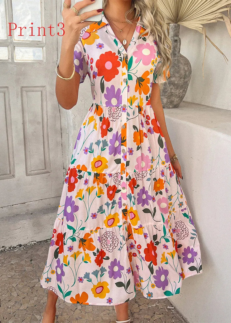 V Neck Print Patchwork Cotton Dresses Summer
