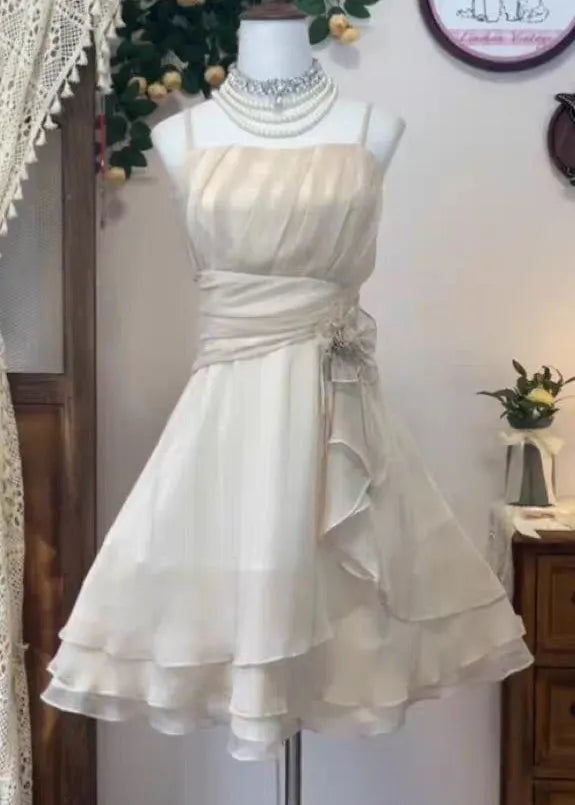 Pink Wrinkled High Waist Silk Spaghetti Strap Dress Sleeveless