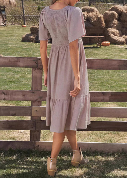 Simple Purple V Neck Wrinkled Cotton Dresses Summer