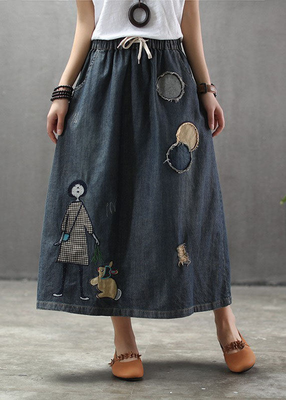 Light Blue Elastic Waist Patchwork Cartoon Embroidered Tulle Denim Skirts Spring