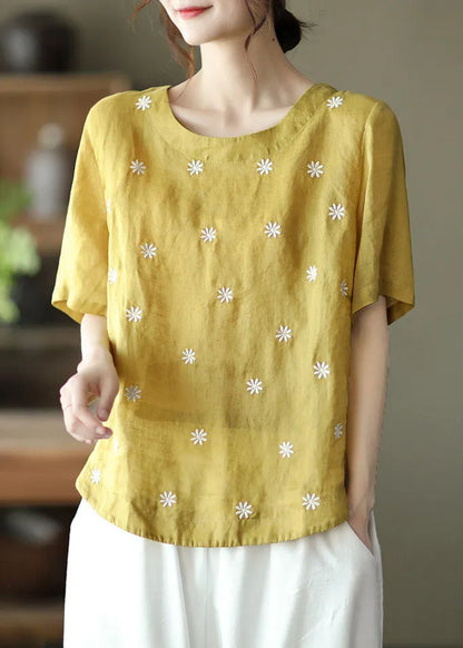 Yellow O-neck Linen Shirt Top Short Sleeve