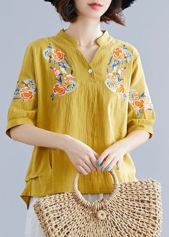Yellow Embroidery Linen Cotton Blouse Sewing V Neck Summer Top