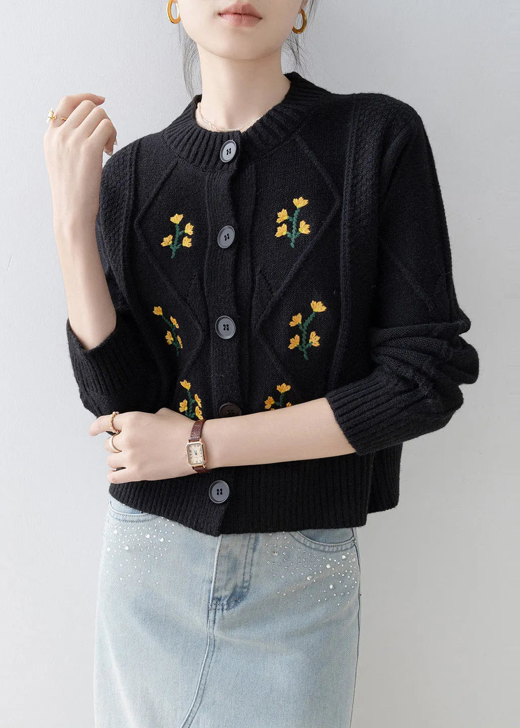 Italian Black Embroidered Thick Knit Cardigan Winter