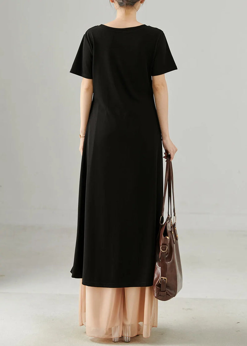 Black Side Open Long Tops and Chiffon Straight Pants Two Piece Set Summer