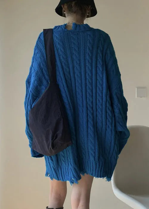 Loose Blue Hole Cable Knit Sweaters Winter