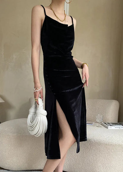 Black Silk Velvet Spaghetti Strap Dress Cold Shoulder Summer