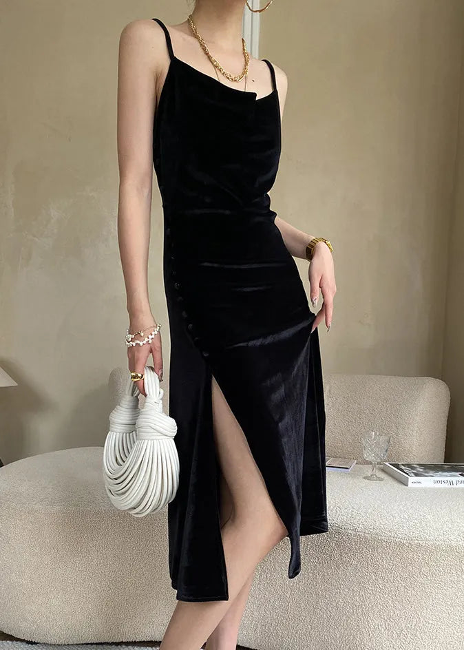 Black Silk Velvet Spaghetti Strap Dress Cold Shoulder Summer
