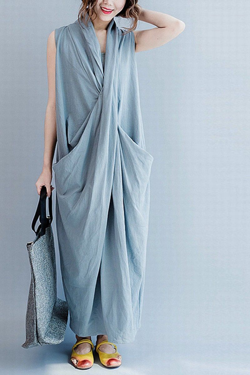 Gray Sleeveless Cross Summer Long Dresses Causal Dresses Oversize Outfits