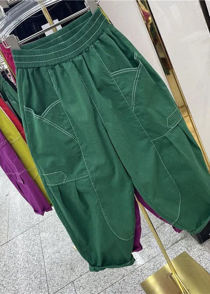 Handmade Green Pockets Patchwork Cotton Harem Pants Summer