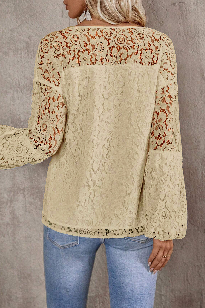 Color Lace Fringed Trim Hollow Out V Neck Tops(4 Colors)