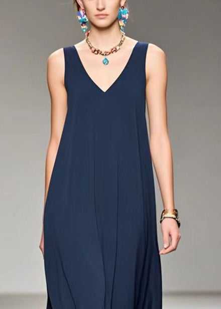 Navy V Neck Draping Chiffon Cami Dress Sleeveless