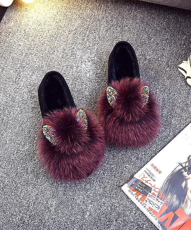 Purple Flat Shoes for Splicing Fuzzy Fur Zircon