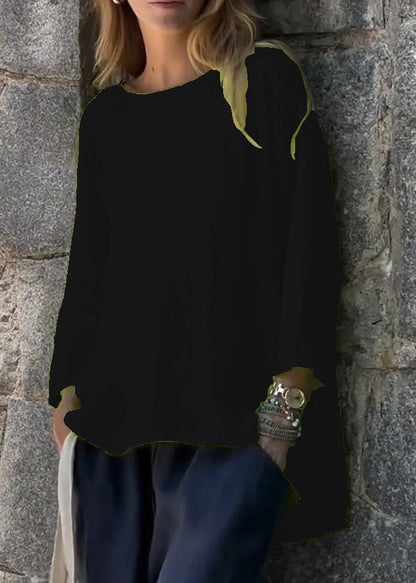 Loose Green O Neck Low High Design Linen T Shirts Fall