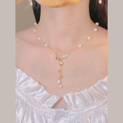 Gold Sterling Silver Overgild Pearl Zircon Bell Orchid Tassel Pendant Necklace