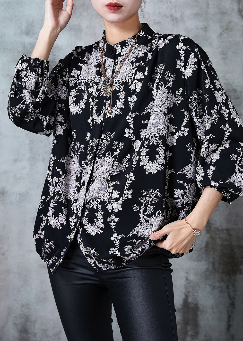 Black Stand Collar Print Chiffon Shirts Summer