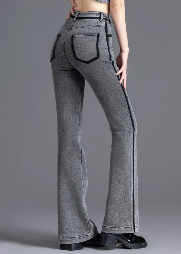 Grey Silm Fit Patchwork Denim Bell-bottom Trousers Spring