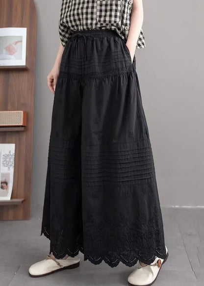 Art Black Embroidered Cotton Wide Leg Pants Summer