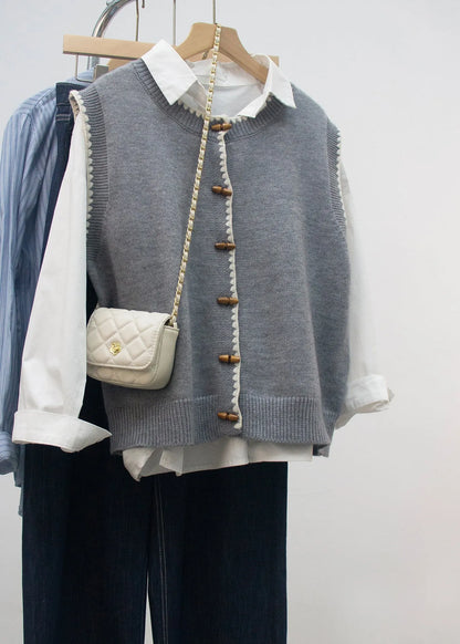 New Grey O Neck Button Knit Vest Sleeveless