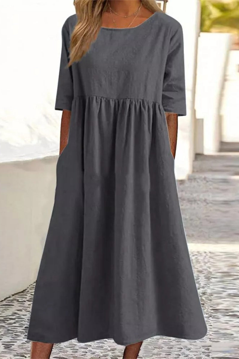 Half Sleeve Pleated Pocket Cotton Dress(9 Colors)