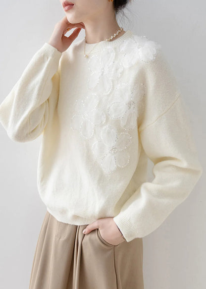 French White O Neck Sequins Knit Sweater Tops Spring