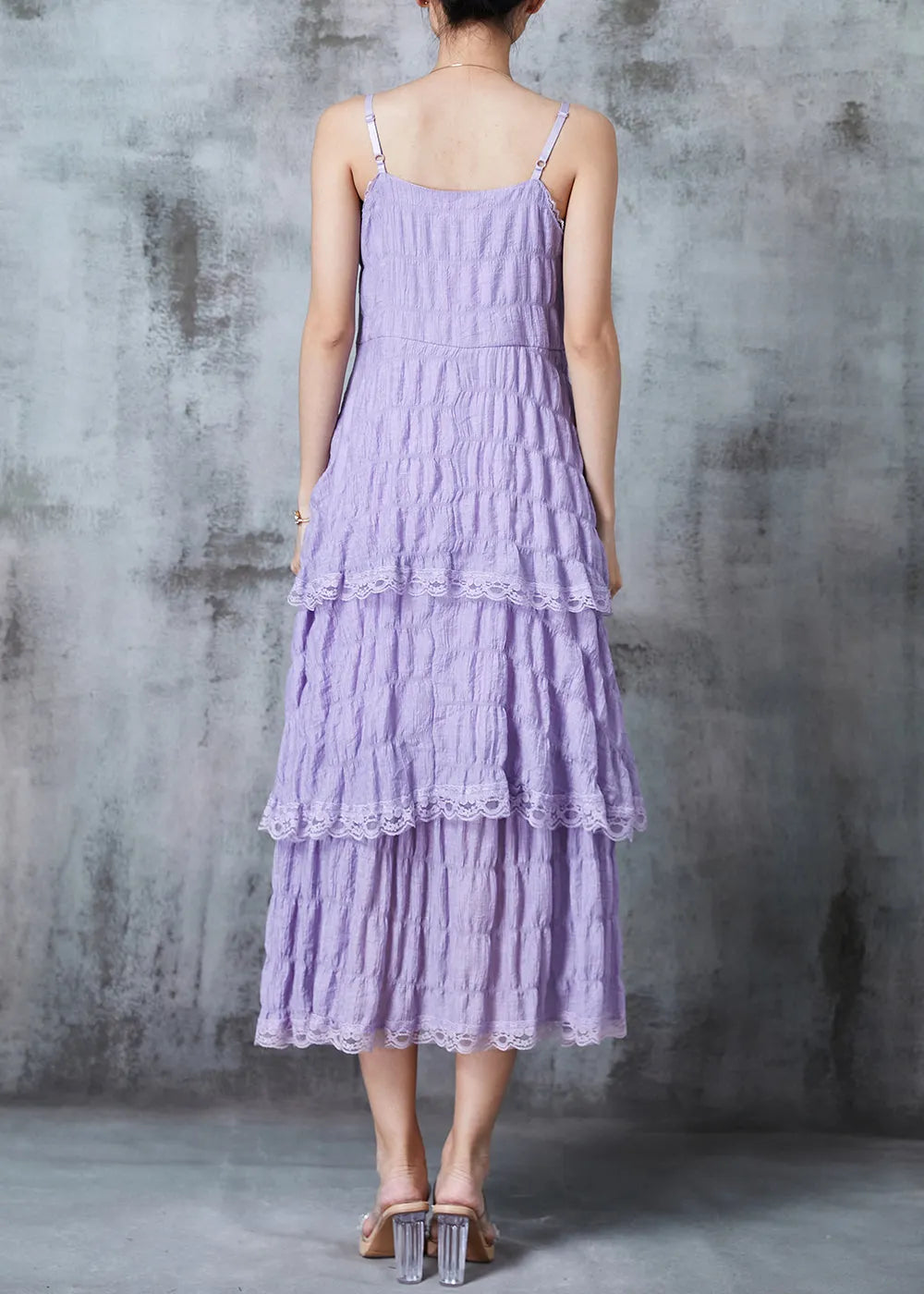 Lavender Wrinkled Patchwork Lace Cotton Sundress Summer