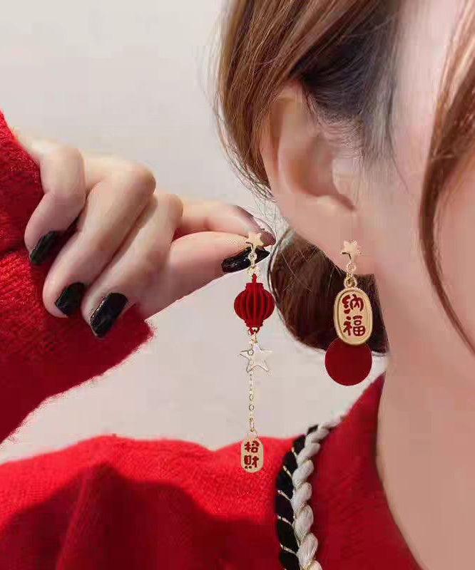 Red Sterling Silver Alloy Asymmetric Star Lantern Tassel Drop Earrings