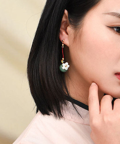 Green Shell Flower Jade 14k Gold Drop Earrings