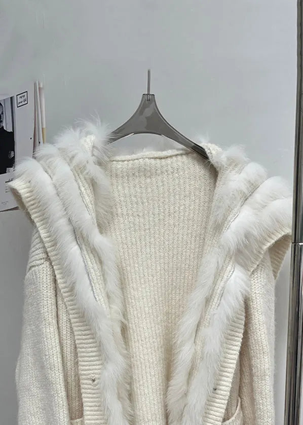 Beige Button Pockets Patchwork Knit Fall Coat Fox Collar