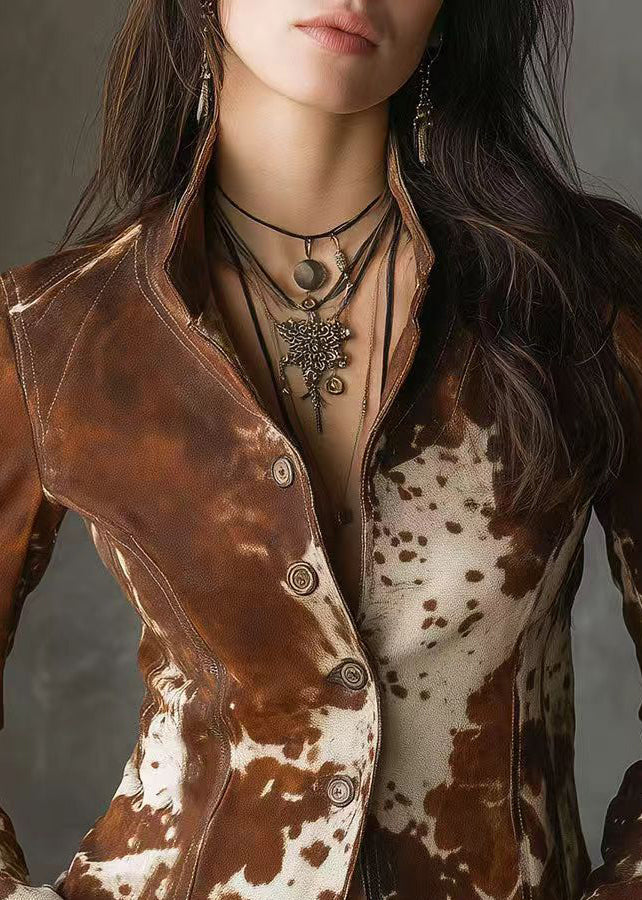 Chocolate Peter Pan Collar Print Button Faux Leather Jackets Fall