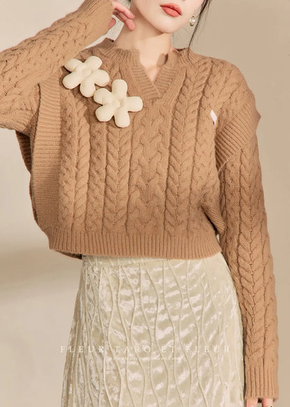 Handmade Brown V Neck Thick Cable Cotton Knit Sweaters Winter