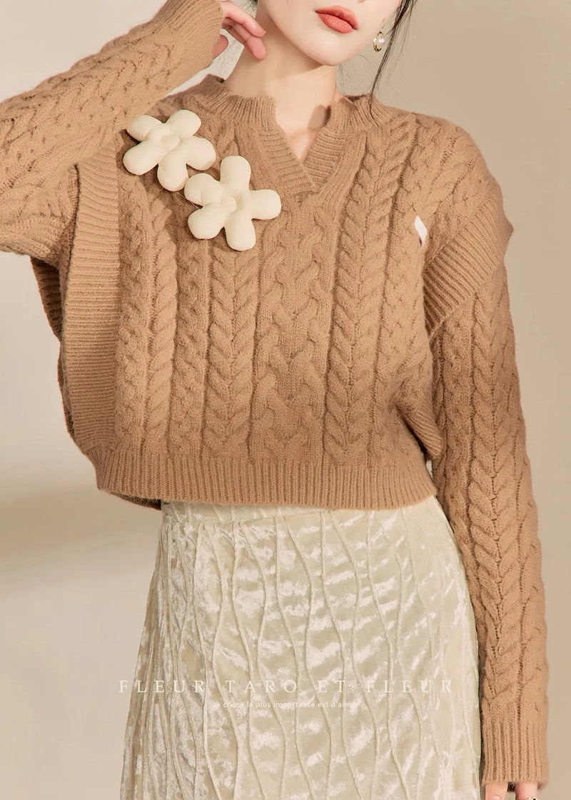 Handmade Brown V Neck Thick Cable Cotton Knit Sweaters Winter