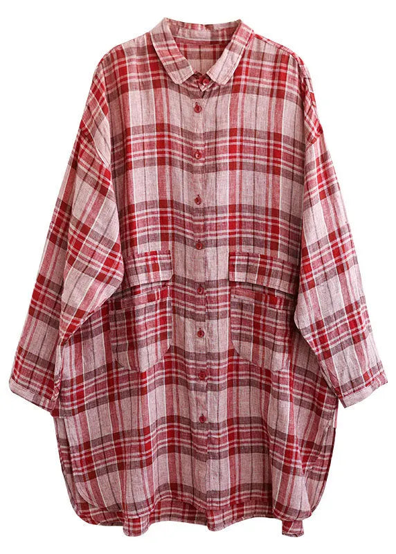 Red Plaid Peter Pan Collar Linen Blouses Spring