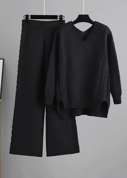 New Apricot V Neck Sweaters and Pants Knit Two Pieces Set Winter