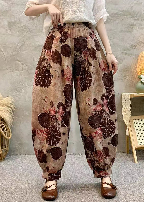 Light Brown Pockets Elastic Waist Cotton Harem Pants Summer