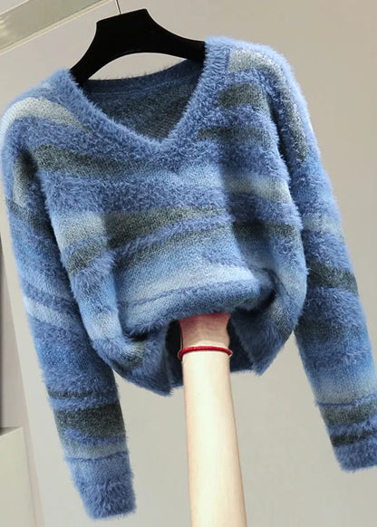 Green V Neck Thick Striped Cotton Knit Sweater Winter