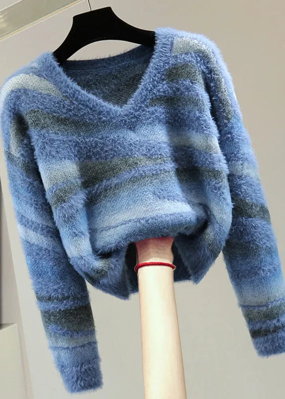 Green V Neck Thick Striped Cotton Knit Sweater Winter